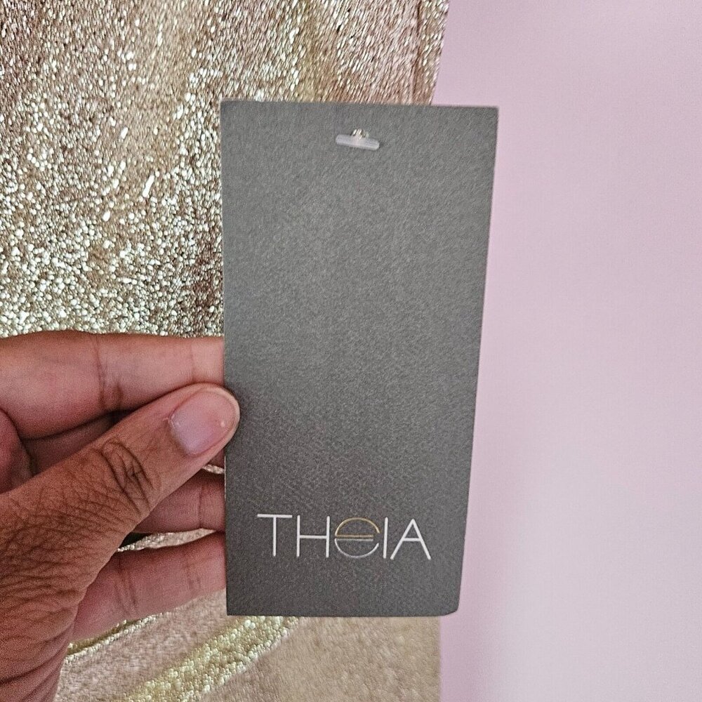 THEIA Gold Sparkle draped short sleeve midi party cocktail dress size 8 NWT - Picture 7 of 13